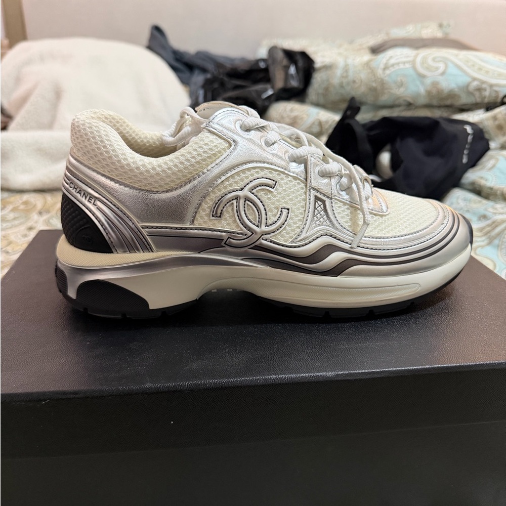 CHANEL White and Silver Mesh Trainer Sneaker - Women